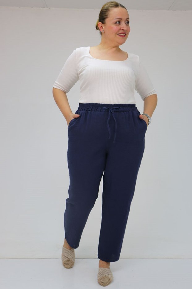 59020 Large Size Muslin Skinny Leg Trousers with Elastic Waist - Navy Blue