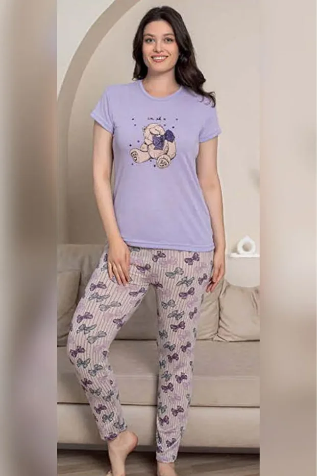 Ecodream Kısa Kollu Desenli Ekonomik Kadın Pijama Takımı - 2