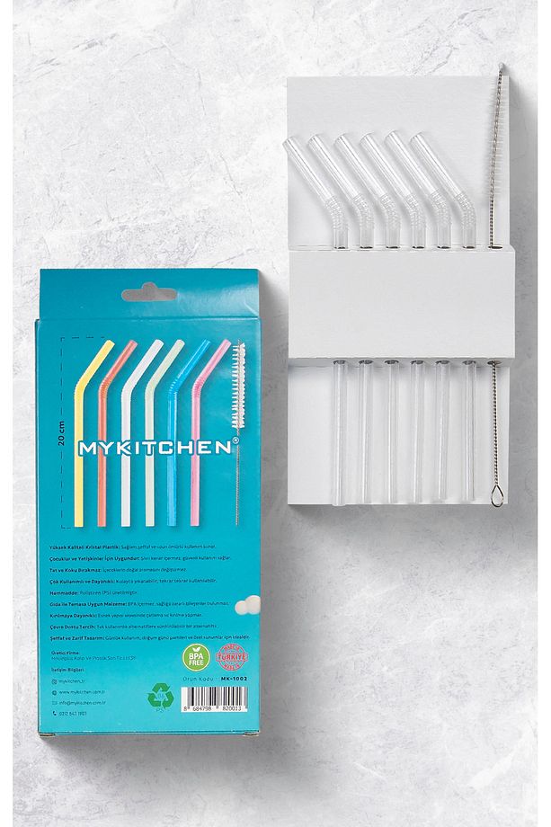 Şeffaf Plastik Pipet ve Temizleme Fırçası - 6'lı Kristal Şeffaf Pipet - 3
