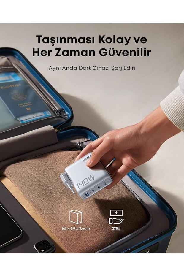 140W USB-C Şarj Cihazı, 4 Bağlantı Noktalı, Gelişmiş GaN, Dokunmatik Kontrol, Gri - B2697 - 5