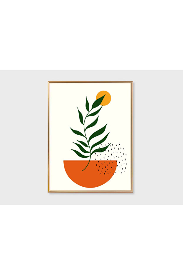Turuncu ve Yeşil Tonlarda 3’lü Duvar Tablosu – Bitki ve Geometrik Desenli Modern Bohem Set - 3
