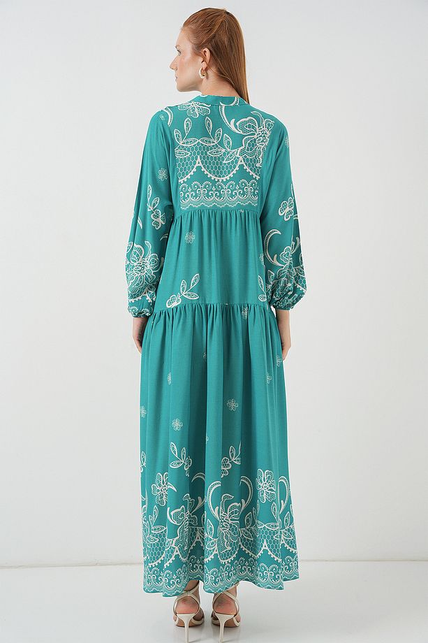 Kadın Desenli Uzun Tesettür Elbise 2585 - Mint - 6