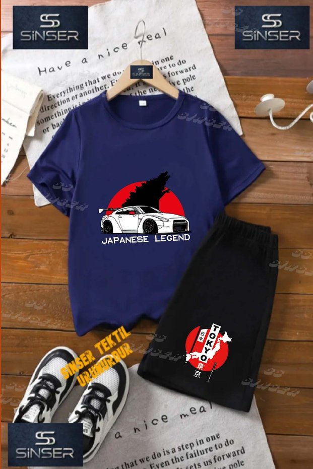 Kids Unisex “Car Tokyo White Japenes Writing“ Custom Printed Crew Neck T-Shirt - Shorts Set