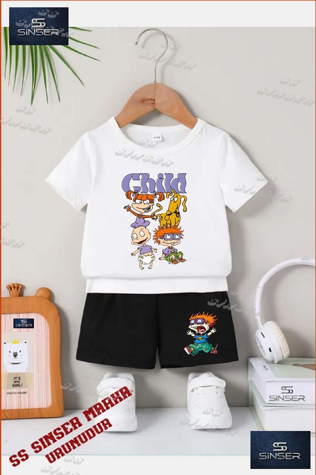 Children's Unisex “Baby Child Orange Shirted Child“ Special Printed Crew Neck T-Shirt - Shorts Set