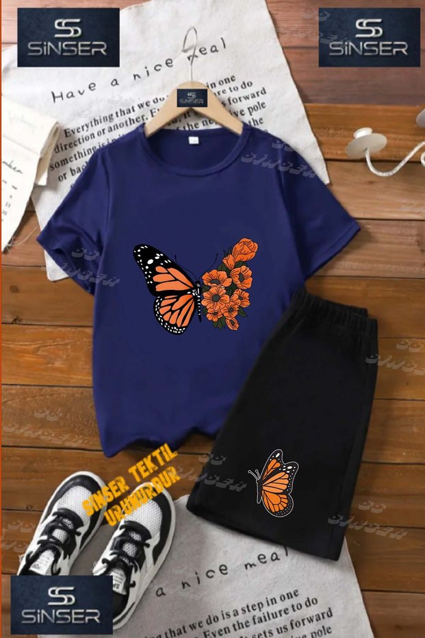 Children's Unisex “ Butterfly Orange Wing Cicek“ Custom Printed Crew Neck T-Shirt - Shorts Set
