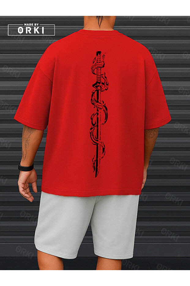 Orki Tigerblade – Tiger & Sword Printed Oversize Men's Red T-Shirt and White Shorts Set