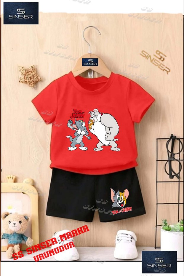 Children's Unisex “Tom and Jerry with Dog“ Custom Printed Crew Neck T-Shirt - Shorts Set