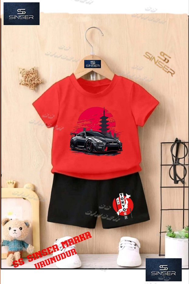 Kids Unisex “Car Tokyo Black Circle on It“ Custom Printed Crew Neck T-Shirt - Shorts Set