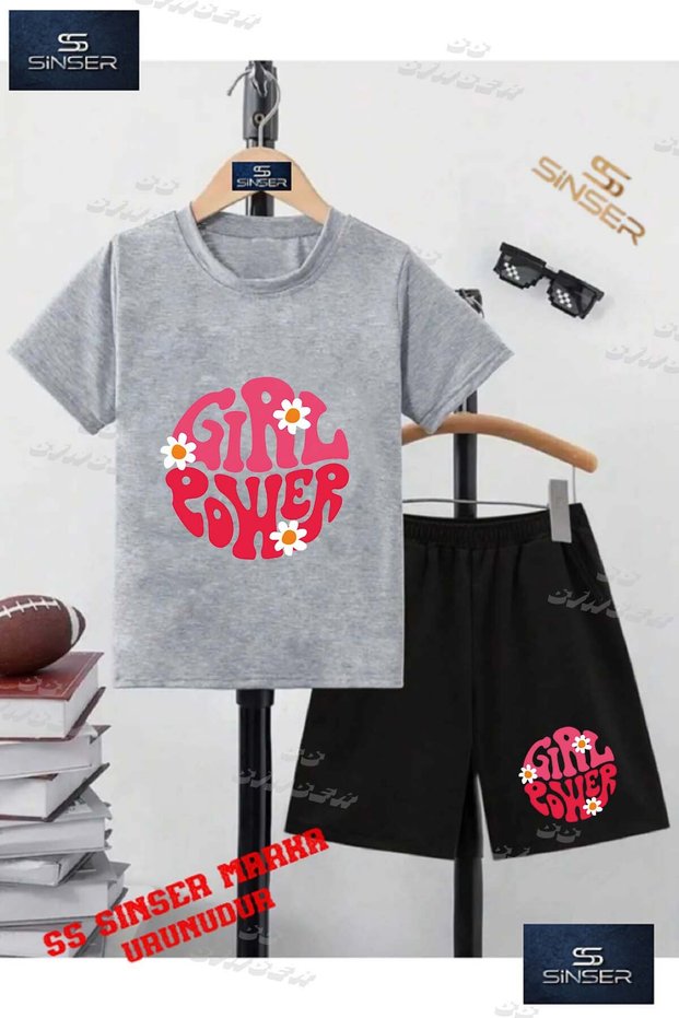 Children's Unisex “Girl Power Daisies Writing“ Custom Printed Crew Neck T-Shirt - Shorts Set