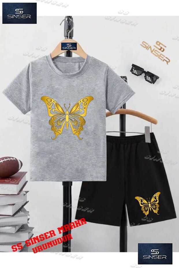 Children's Unisex “ Butterfly Gold Color “ Special Printed Crew Neck T-Shirt - Shorts Set