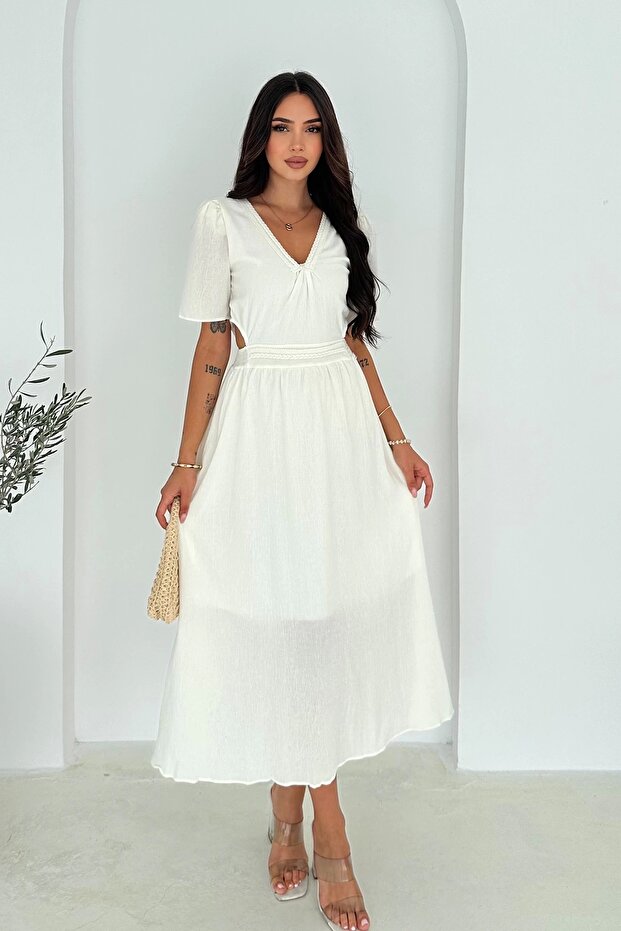 Open Waist Garnished Crinkle Linen Dress White