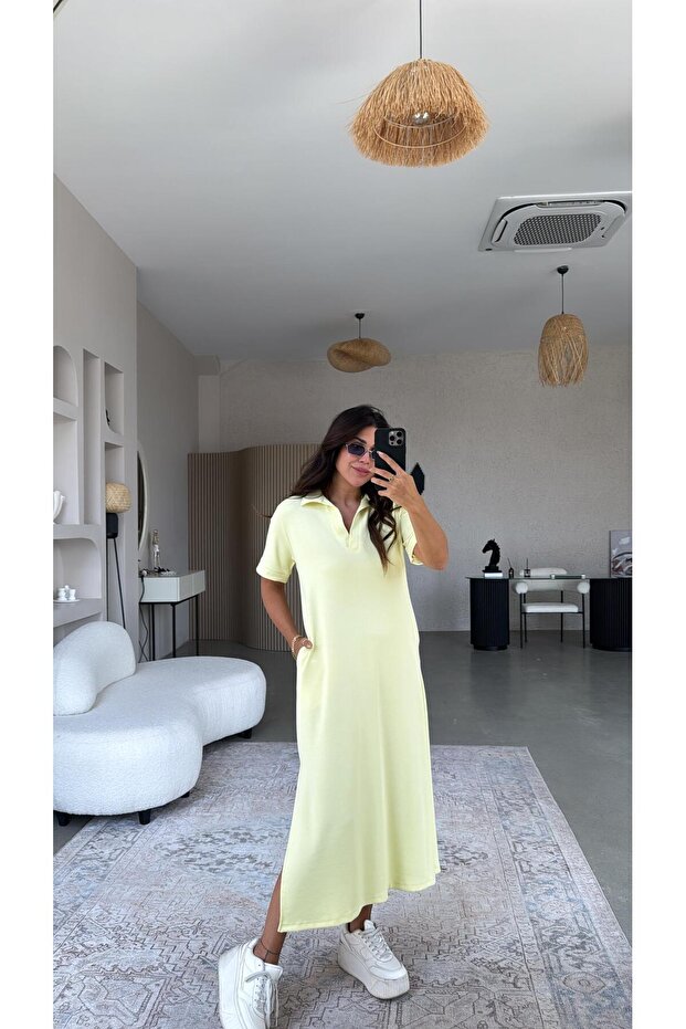 Rochie modală lungă cu guler galben - 2