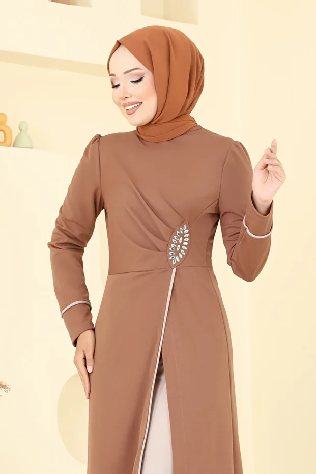 Taş Detaylı Yırtmaçlı Takım ASM2816-MS Taba&Vizyon - 4