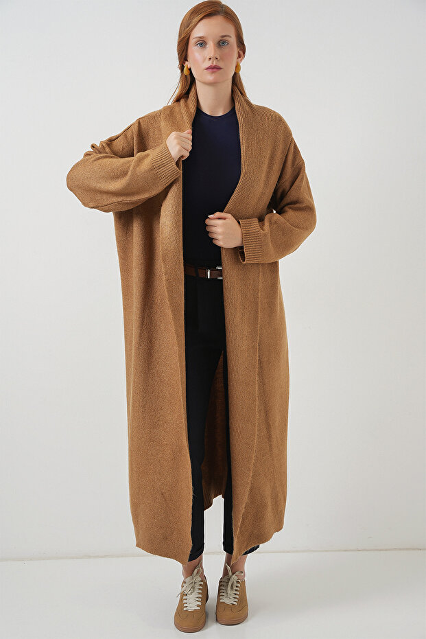 Kadın Uzun Oversize Triko Hırka 15924 - Hardal - 4