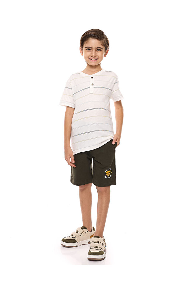 Striped T-Shirt with Henley Neck and Short Sleeves