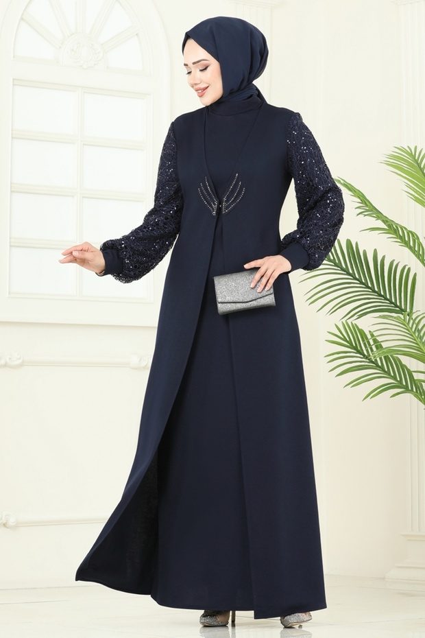 Kolları Fileli Abiye Elbise ASM2811-MS Laci - 1