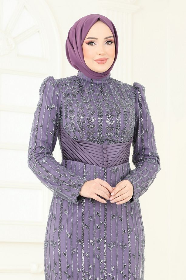 SUAL Drapeli İşlemeli Abiye 4929D170-MS Koyu Lila - 3