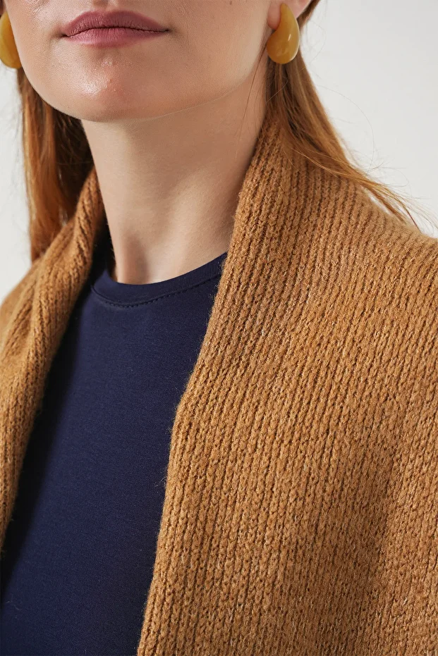 Kadın Uzun Oversize Triko Hırka 15924 - Hardal - 6