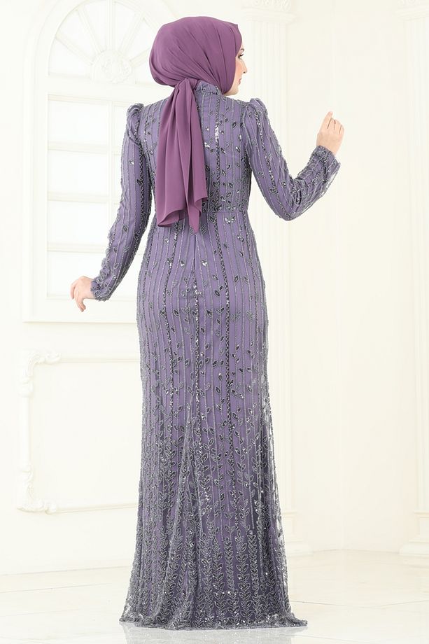 SUAL Drapeli İşlemeli Abiye 4929D170-MS Koyu Lila - 5