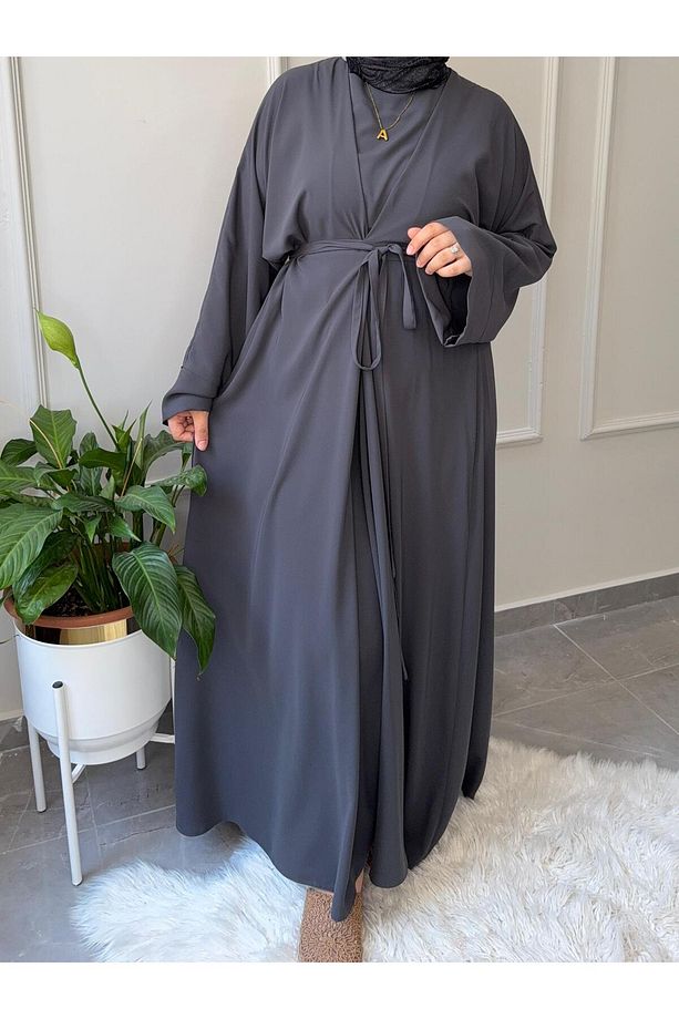 TESETTÜR ELBİSE MEDİNE İPEĞİ FADİME MODEL ABAYA KOL BÜYÜK BEDEN BEL BAĞCIKLI ELBİSE - 2