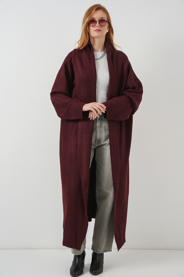 Kadın Uzun Oversize Triko Hırka 15924 - Bordo - 4