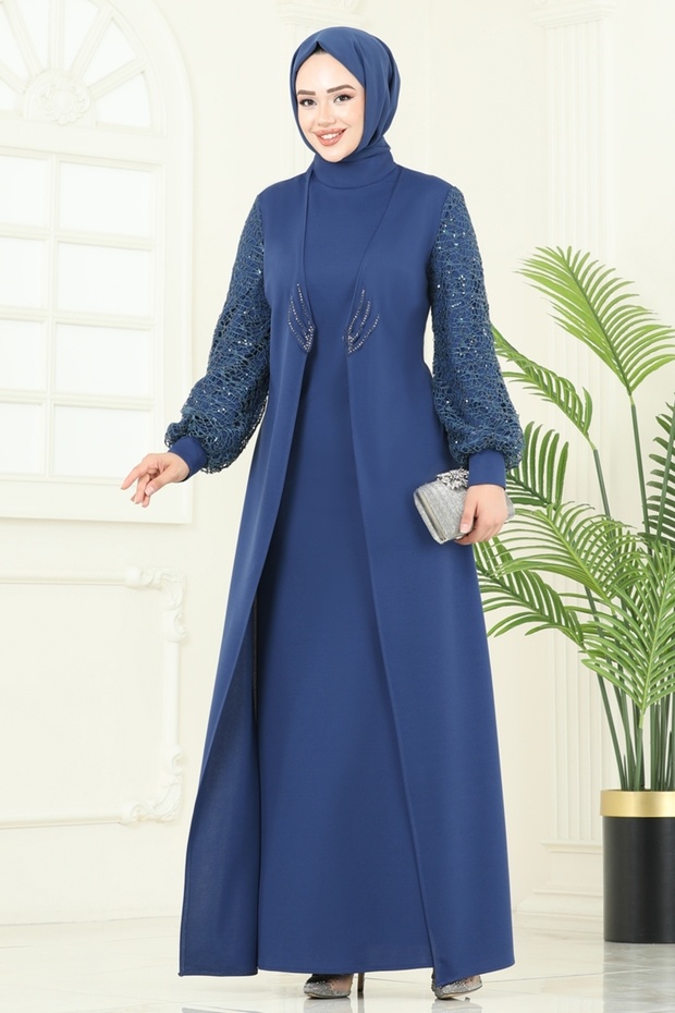 Kolları Fileli Abiye Elbise ASM2811-MS İndigo - 2