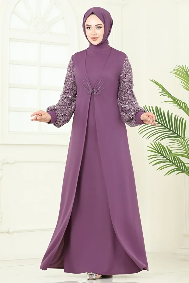 Kolları Fileli Abiye Elbise ASM2811-MS Koyu Lila - 3