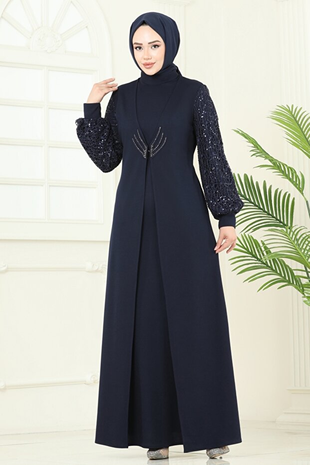 Kolları Fileli Abiye Elbise ASM2811-MS Laci - 3