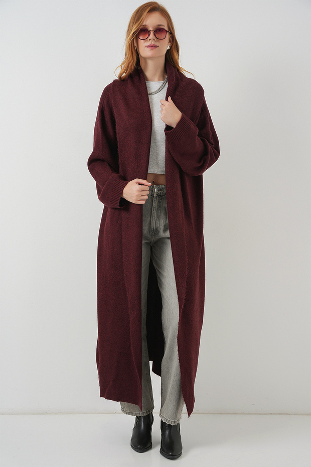 Kadın Uzun Oversize Triko Hırka 15924 - Bordo - 3
