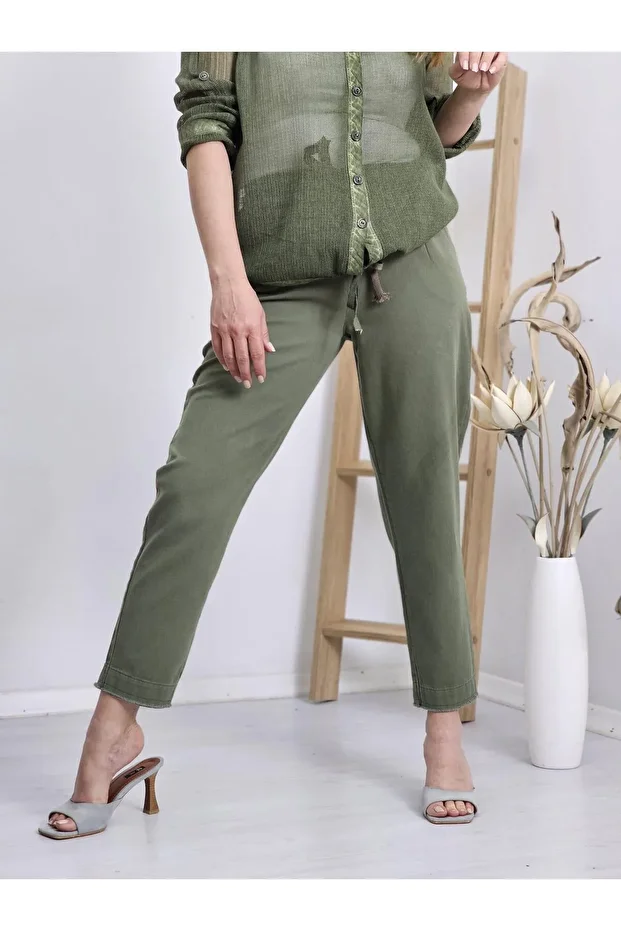 FELİX11718 Paça Püsküllü Haki Yeşil Bilek Paça Pantolon - 1