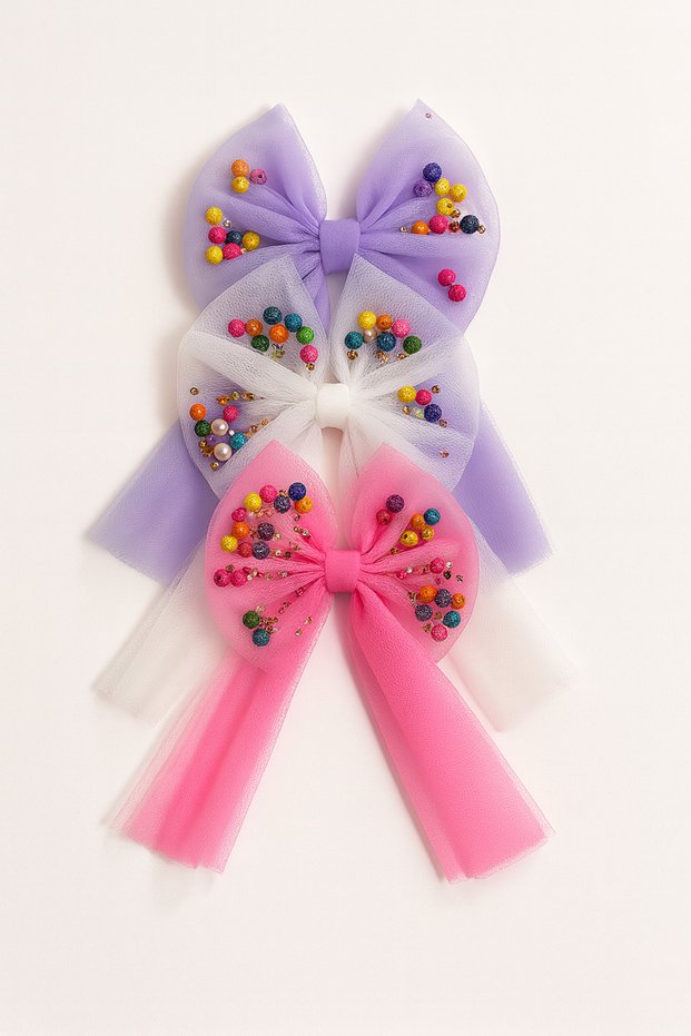 Girl's Buckle Colorful Beaded Tulle Bow Elastic Buckle Set of 3