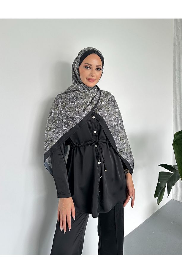 Etnik Retro Desen Siyah Renk Pamuk Soft Şal - 4
