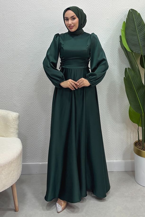 Beli Bağcıklı Saten Abiye 4637ALG474-MS Zümrüt - 3
