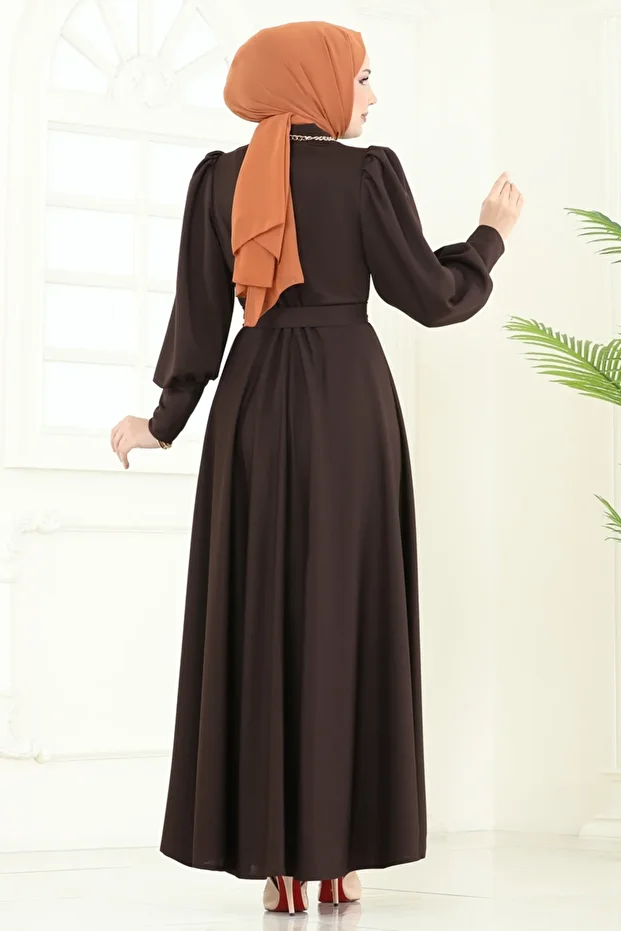 Kemerli Tesettür Elbise 4539ALG474-MS Acı Kahve - 5