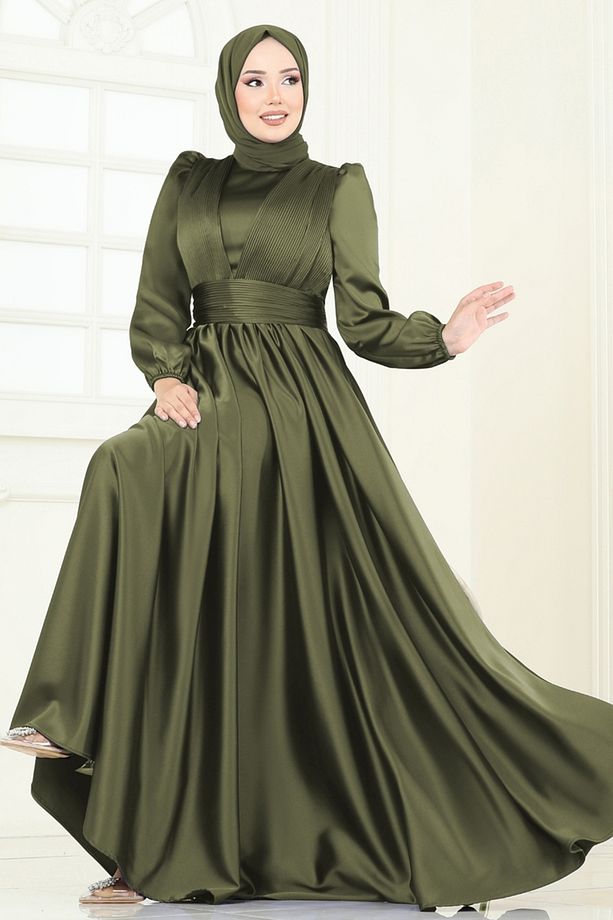 Önü Drapeli Saten Abiye 2382ANT466-MS Haki - 1