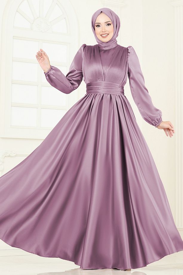 Önü Drapeli Saten Abiye 2382ANT466-MS Pudra - 1
