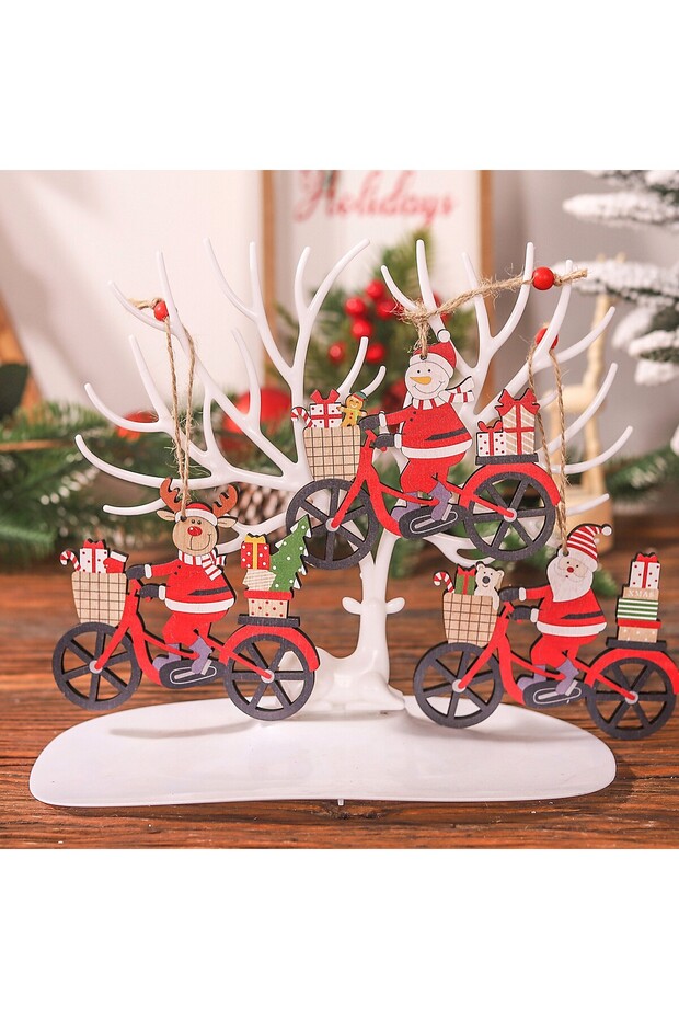 Wooden Christmas Decoration, with String for Hanging on the Tree, Reindeer on a Bicycle Pattern, 10.3x11.5 - 5