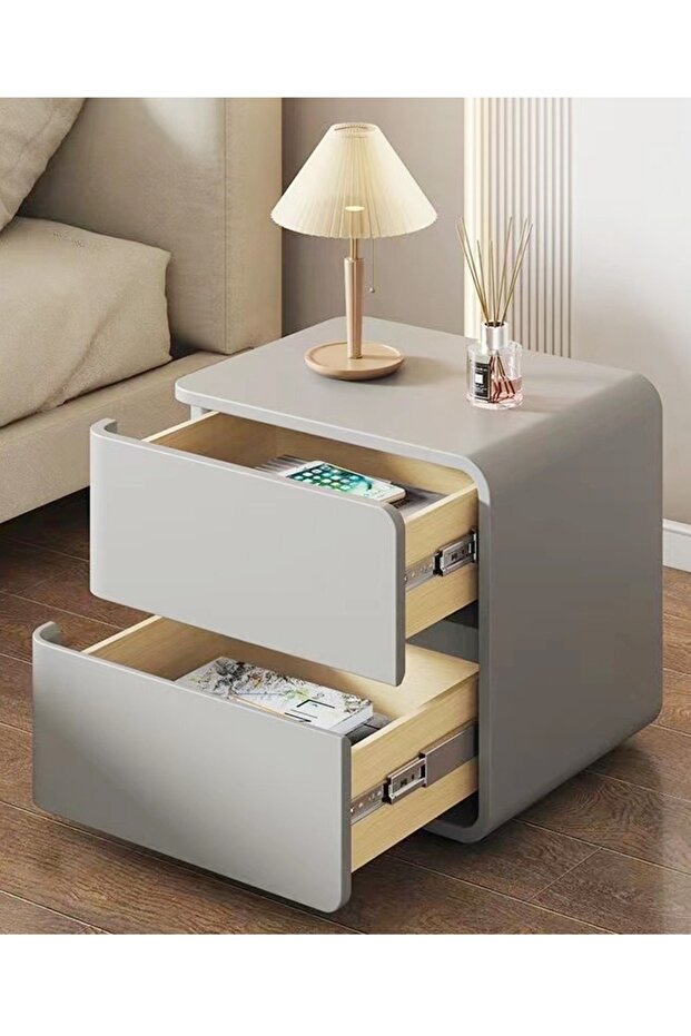Left Side High Gloss Nightstand with 2 Drawers 45x40x45 cm