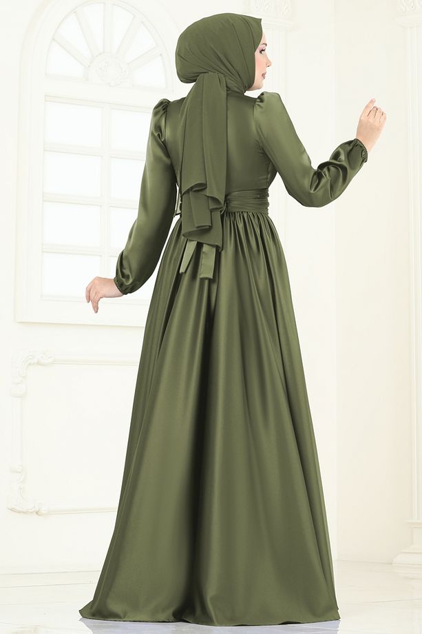 Önü Drapeli Saten Abiye 2382ANT466-MS Haki - 6