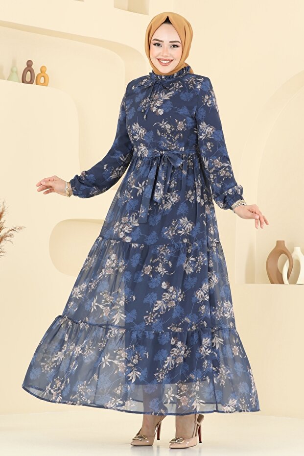 Yaprak Desen Şifon Elbise 5205AL357-MS Laci - 2