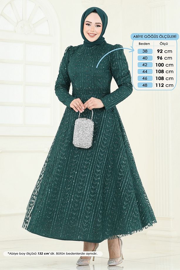 Simli Tül Tesettür Abiye 5688EDF311-MS Zümrüt - 2