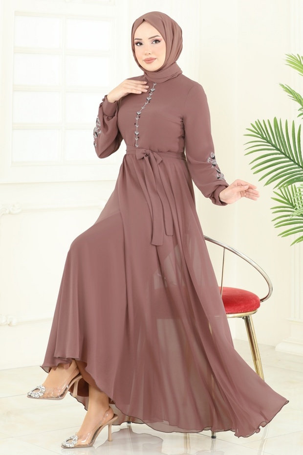 Nakış İşlemeli Şifon Elbise 8022AB368-MS Pudra Vizyon - 1