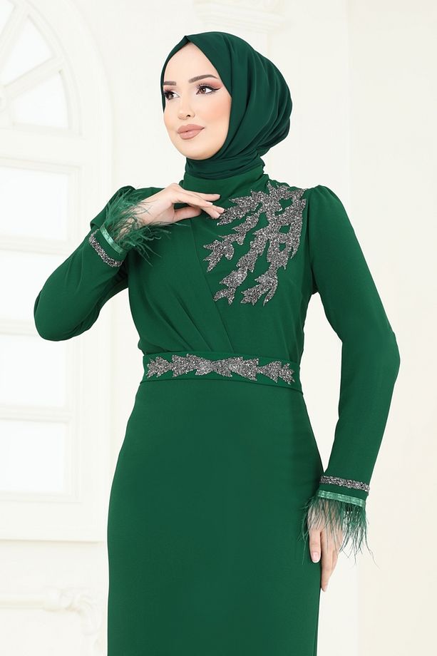 Otriş Tüylü Abiye Elbise 5642EDF311-MS Zümrüt - 3