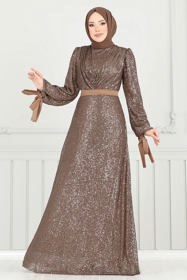 Göğsü Drapeli Tesettür Abiye 5690EDF311-MS Koyu Vizyon - 2