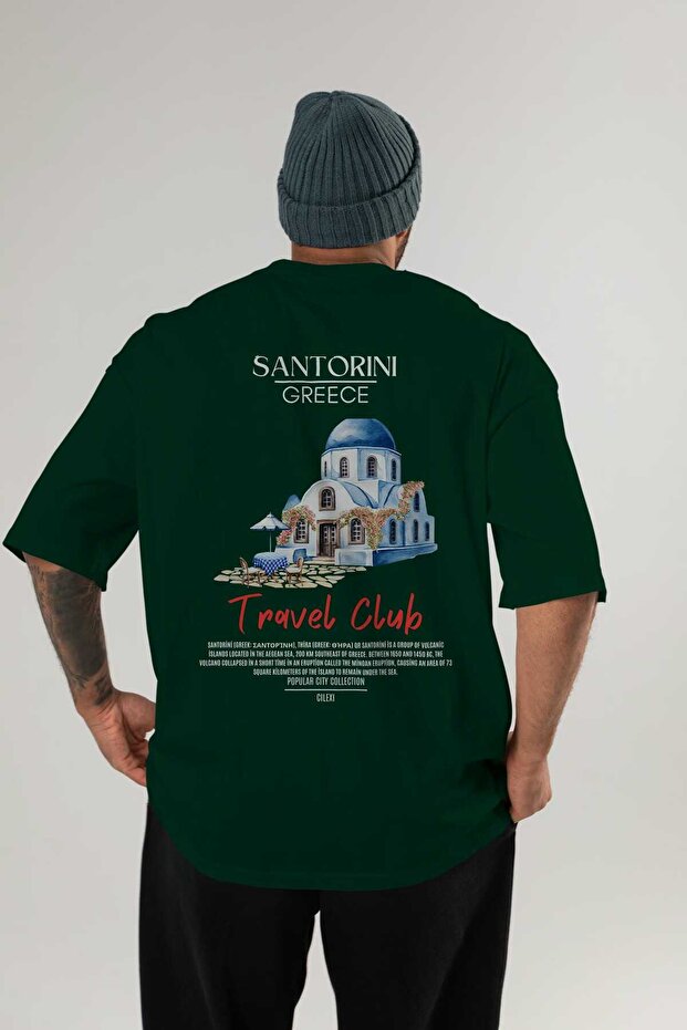 Santorini Greece Back Printed Green Oversize T-Shirt Men Women Cotton Crew Neck T-Shirt