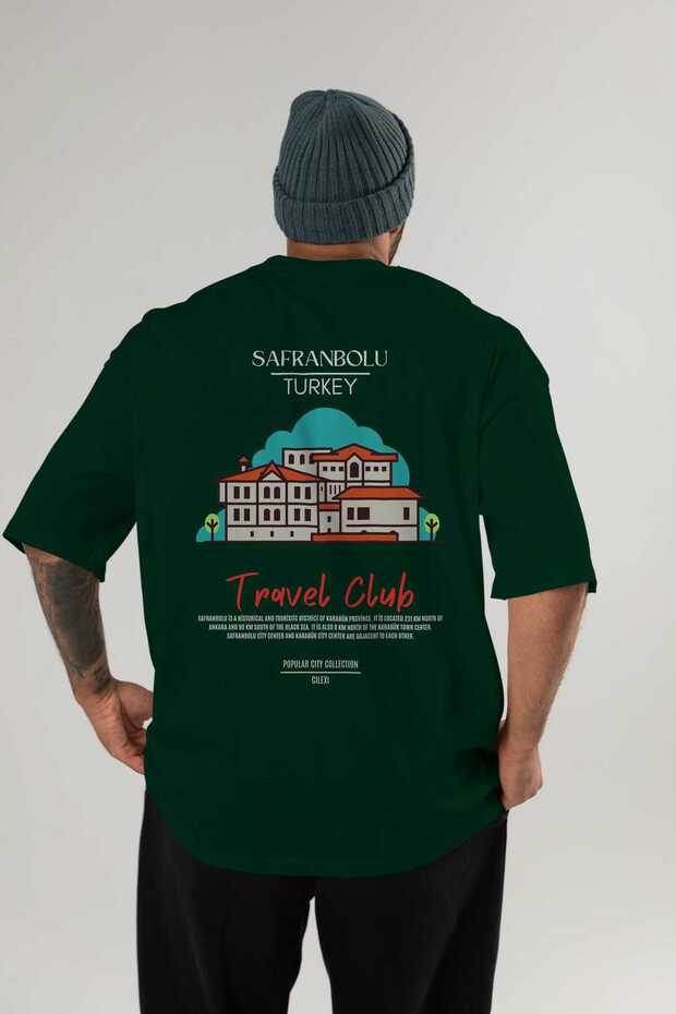 Safranbolu Turkey Back Printed Green Oversize T-Shirt Men's Women's Cotton Crew Neck T-Shirt