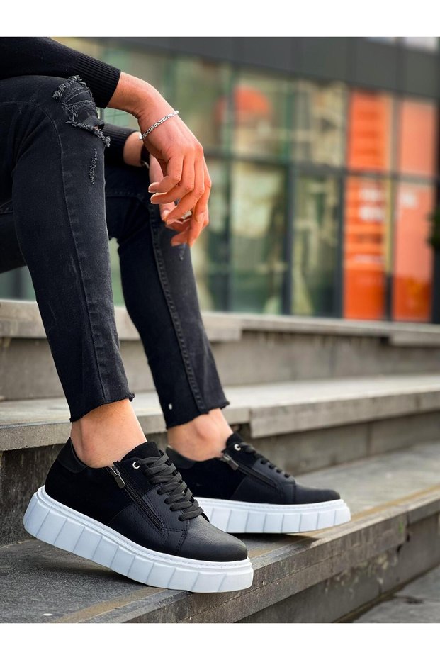 Twinny Black Skin Black Suede Detailed White High Sole Casual Sports Shoes - Kbc