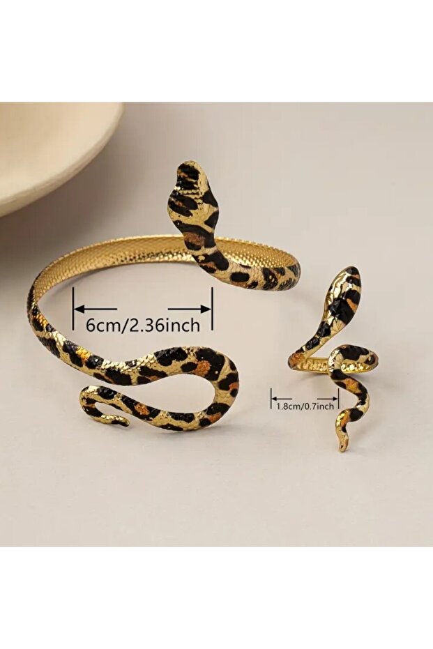 مجموعة خواتم على شكل ثعبان معدنية منقوشة بنقشة الفهد - 4