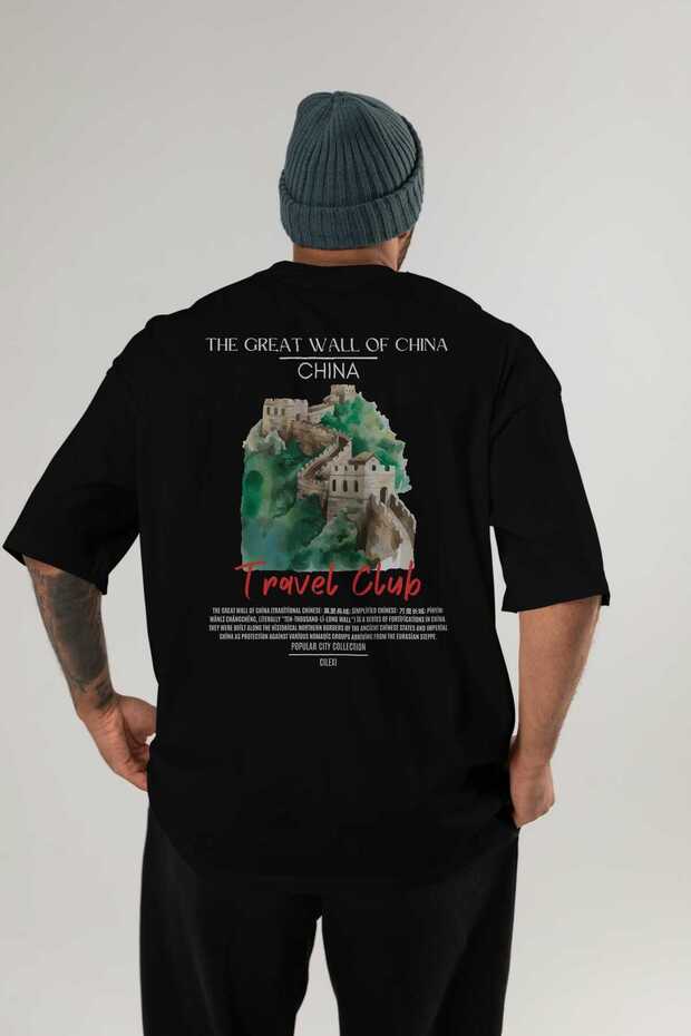 The Great Wall of China Back Printed Black Oversize T-Shirt Men Women Cotton Crew Neck T-Shirt