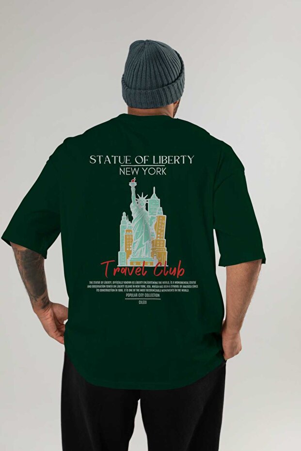 Statue of Liberty New York Back Printed Oversize T-Shirt Men Women Cotton Crewneck Tshirt